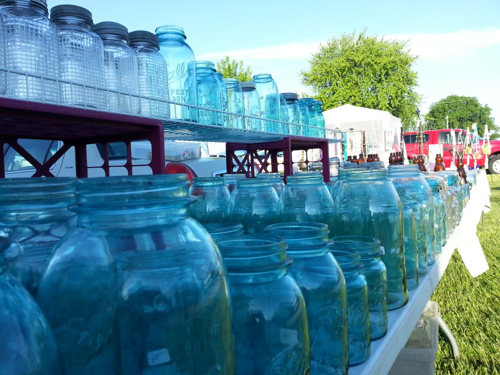 Old mason canning jars for sale at the first Flea Market May 31, 2014