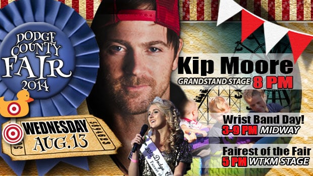 Kip Moore will kick off the 2014 Dodge County Fair with his country hits at 8pm Wednesday, August 13th.